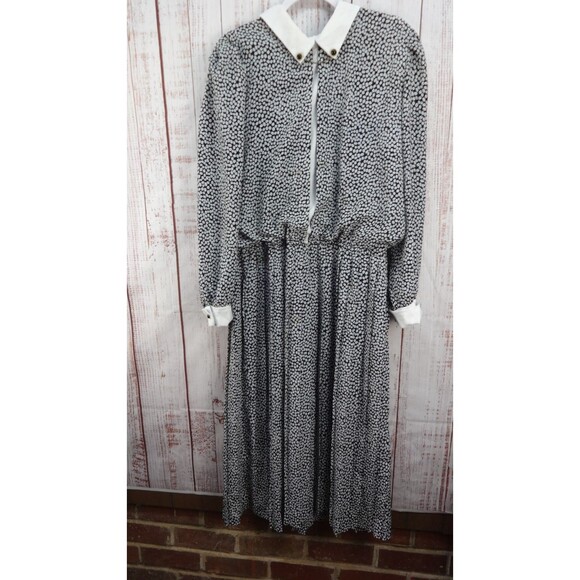 Vintage Liz Roberts Midi Dress Womens Size 14 Gray/White coffee bean prints VTG - Picture 12 of 16